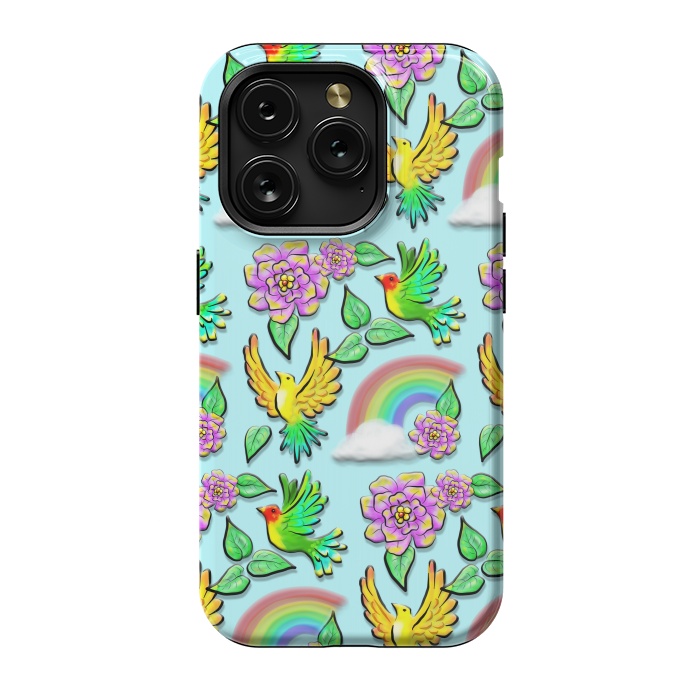 iPhone 15 Pro StrongFit Birds Flowers and Rainbows Doodle Pattern by BluedarkArt