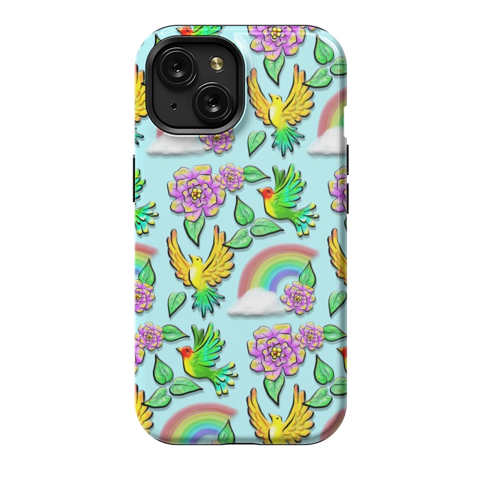 iPhone 15 StrongFit Birds Flowers and Rainbows Doodle Pattern by BluedarkArt