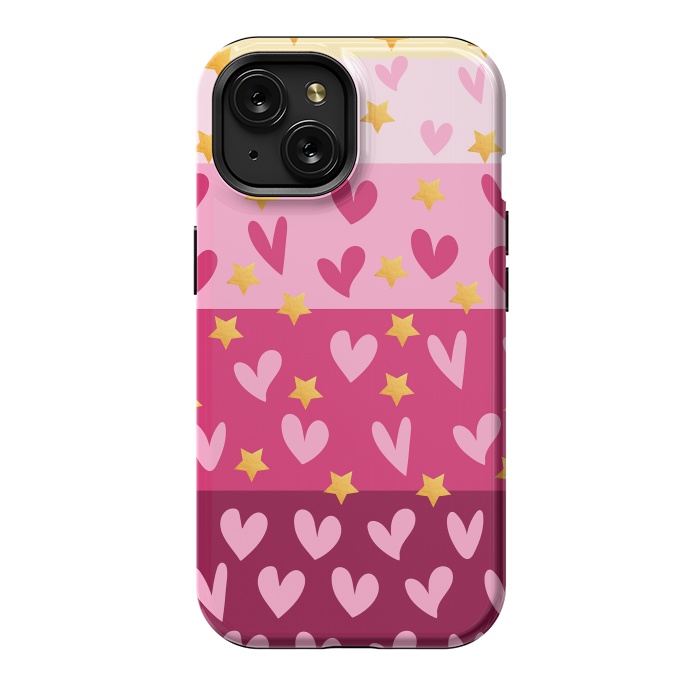 iPhone 15 StrongFit Pink Hearts With Stars by Rossy Villarreal
