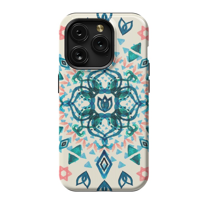 iPhone 15 Pro StrongFit Watercolor Lotus Mandala in Teal & Salmon Pink by Micklyn Le Feuvre