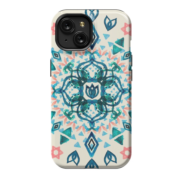 iPhone 15 StrongFit Watercolor Lotus Mandala in Teal & Salmon Pink by Micklyn Le Feuvre