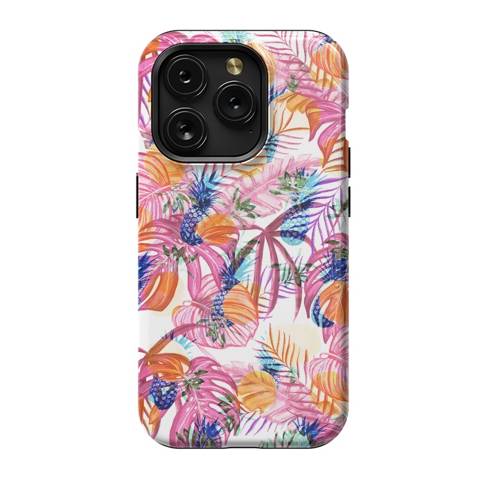 iPhone 15 Pro StrongFit Pink tropical leaves and blue pineapples by Oana 
