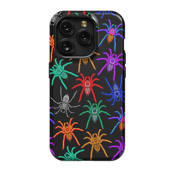 iPhone 15 Pro StrongFit Spiders Pattern Colorful Tarantulas on Black by BluedarkArt