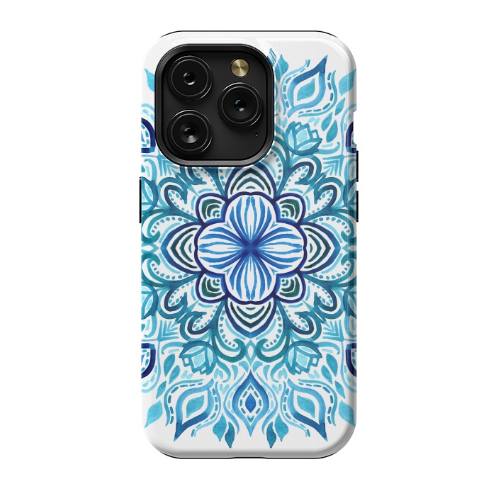 iPhone 15 Pro StrongFit Watercolor Blues Lotus Mandala by Micklyn Le Feuvre