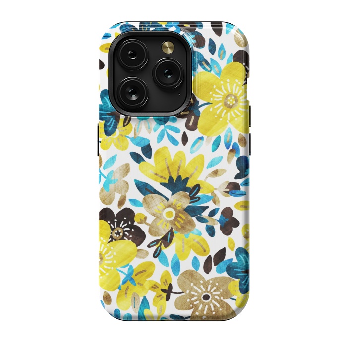iPhone 15 Pro StrongFit Happy Yellow & Turquoise Floral Collage by Micklyn Le Feuvre