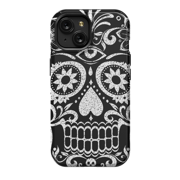 iPhone 15 StrongFit White glitter day of the dead sugar skull - Halloween by Oana 