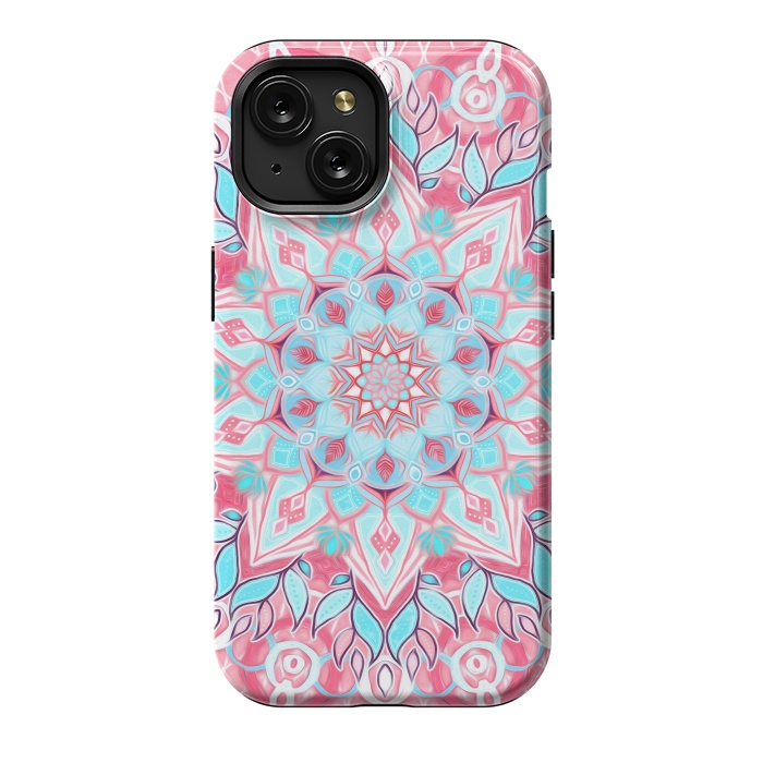 iPhone 15 StrongFit Bright Boho Aqua and Pink Mandala by Micklyn Le Feuvre