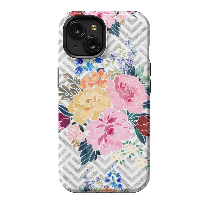 iPhone 15 StrongFit Pretty winter floral and diamond geometric design by InovArts