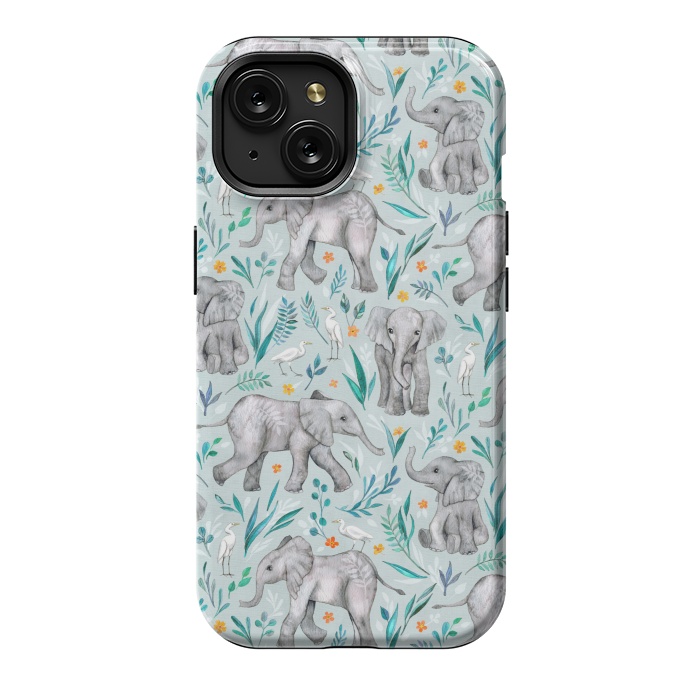 iPhone 15 StrongFit Little Watercolor Elephants and Egrets on Light Blue by Micklyn Le Feuvre