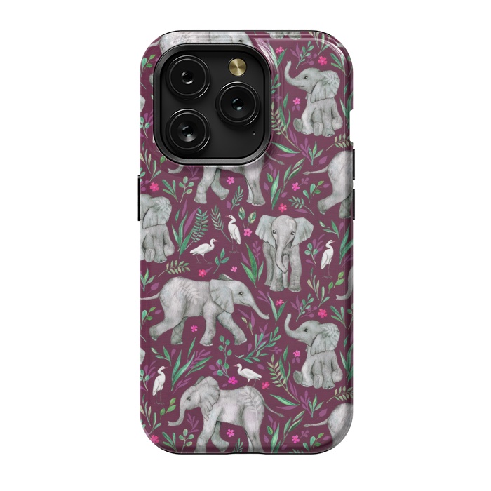 iPhone 15 Pro StrongFit Little Watercolor Elephants and Egrets on Burgundy Red by Micklyn Le Feuvre