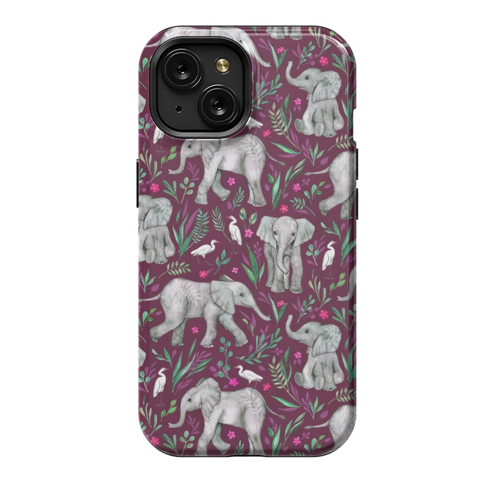 iPhone 15 StrongFit Little Watercolor Elephants and Egrets on Burgundy Red by Micklyn Le Feuvre