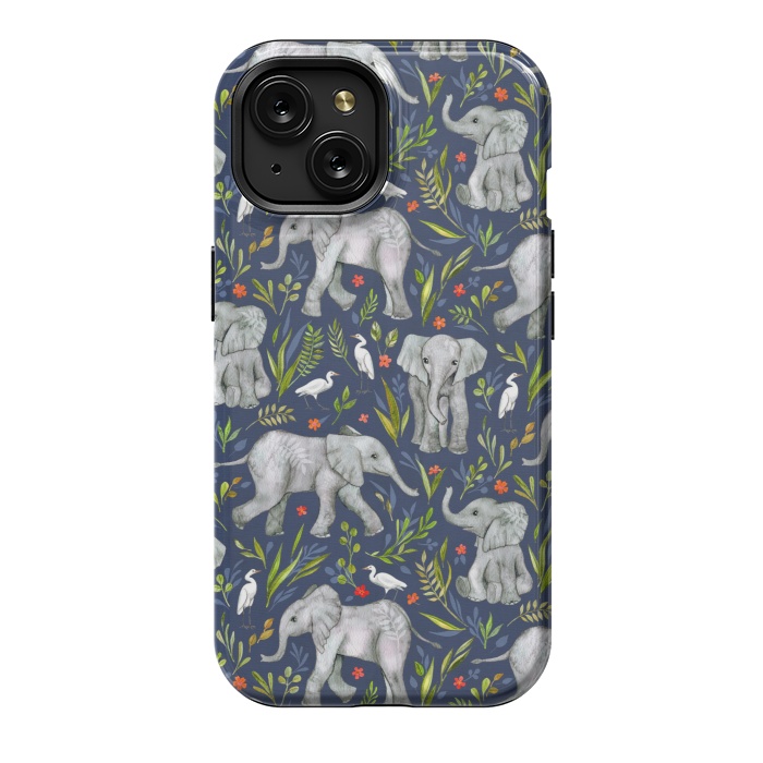 iPhone 15 StrongFit Little Watercolor Elephants and Egrets on Navy Blue by Micklyn Le Feuvre