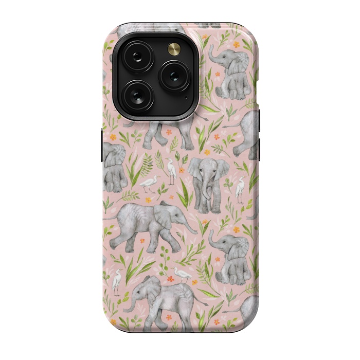 iPhone 15 Pro StrongFit Little Watercolor Elephants and Egrets on Blush Pink  by Micklyn Le Feuvre