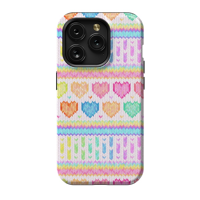 iPhone 15 Pro StrongFit Cozy Knit with Rainbow Hearts on Off White by Micklyn Le Feuvre