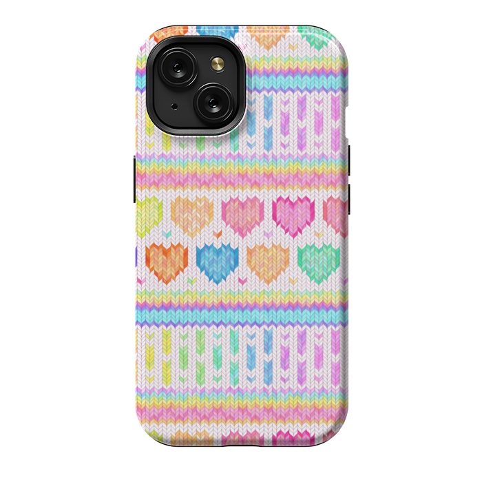 iPhone 15 StrongFit Cozy Knit with Rainbow Hearts on Off White by Micklyn Le Feuvre
