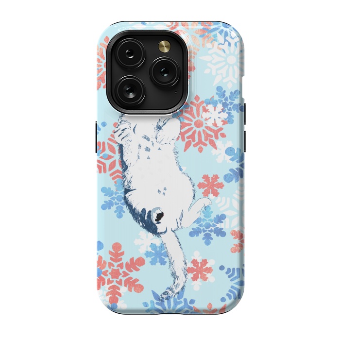 iPhone 15 Pro StrongFit White cat and blue white gold snowflakes by Oana 
