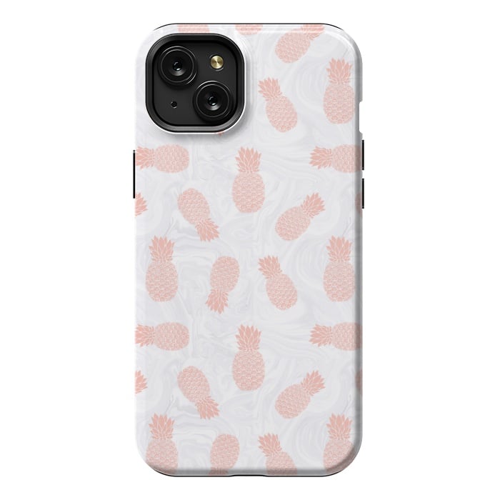 iPhone 15 Plus StrongFit Pink Pineapples on White Marble by Julie Erin Designs