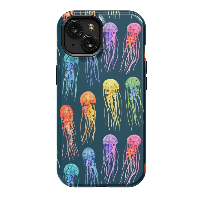 iPhone 15 StrongFit Little Cute Rainbow Jellyfish on Dark by Micklyn Le Feuvre