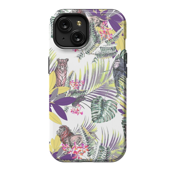 iPhone 15 StrongFit Colorful jungle leaves and wild animals pattern by Oana 