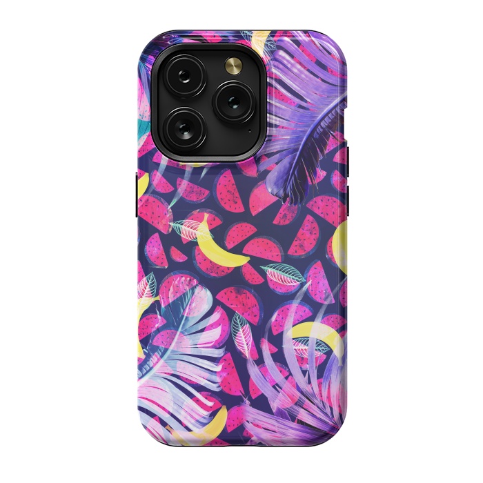 iPhone 15 Pro StrongFit Colorful tropical banana leaves and pineapples by Oana 