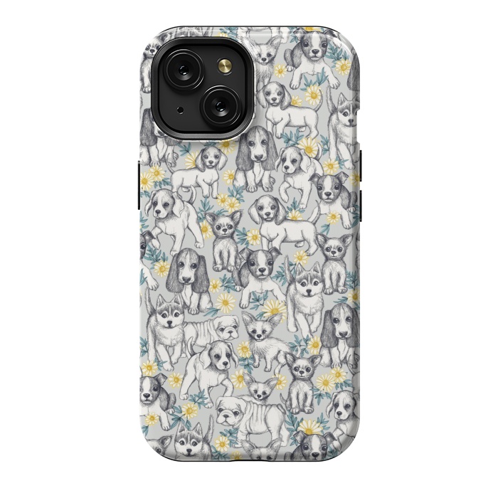iPhone 15 StrongFit Dogs and Daisies on Grey by Micklyn Le Feuvre