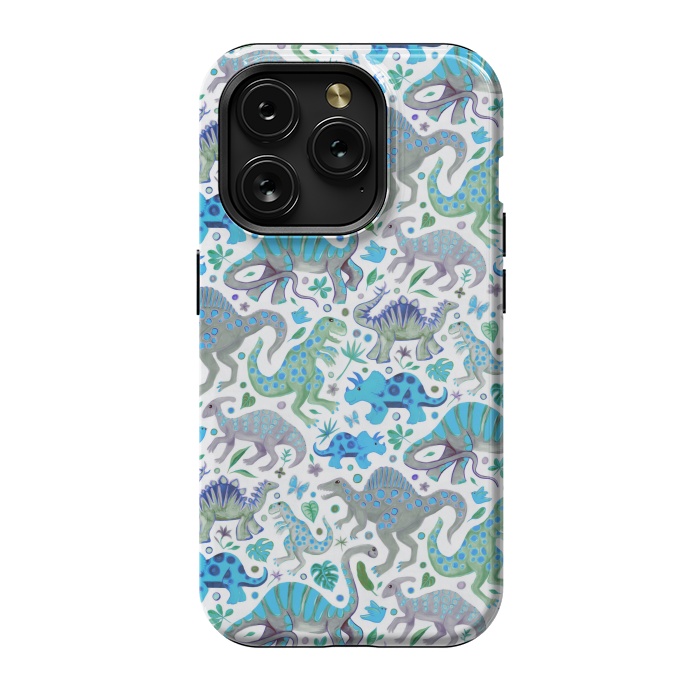 iPhone 15 Pro StrongFit Happy Dinos in blue and green by Micklyn Le Feuvre