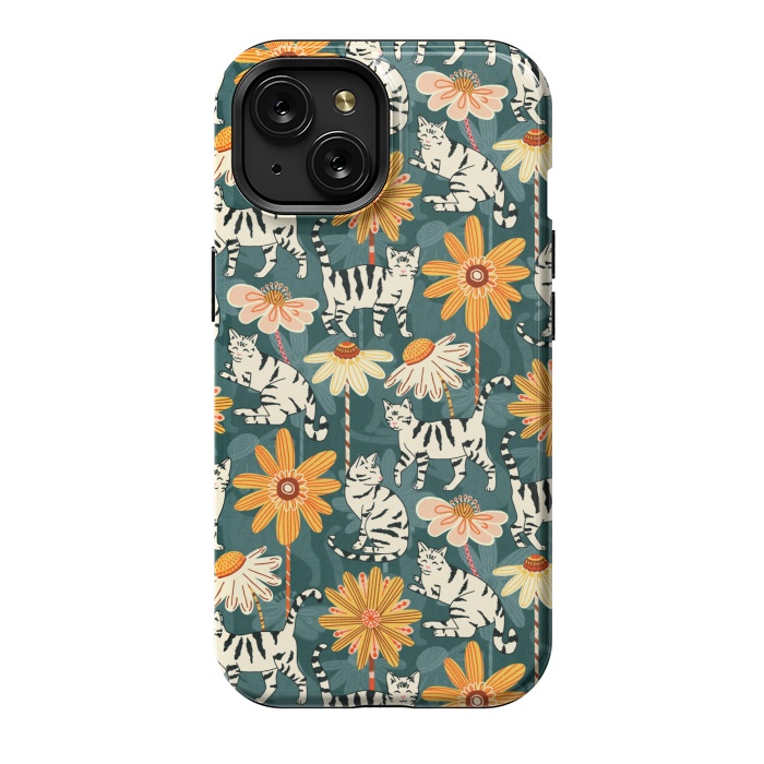 iPhone 15 StrongFit Daisy Cats - Teal by Tigatiga