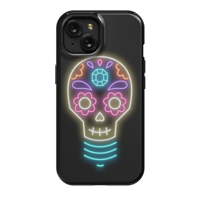 iPhone 15 StrongFit Neon sugar skull lightbulb by Laura Nagel