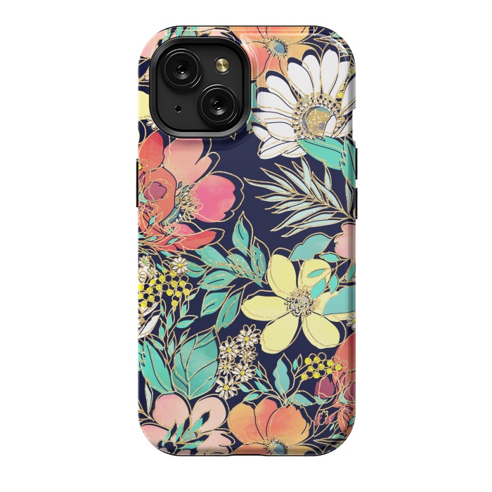 iPhone 15 StrongFit Cute girly pink floral golden strokes design by InovArts