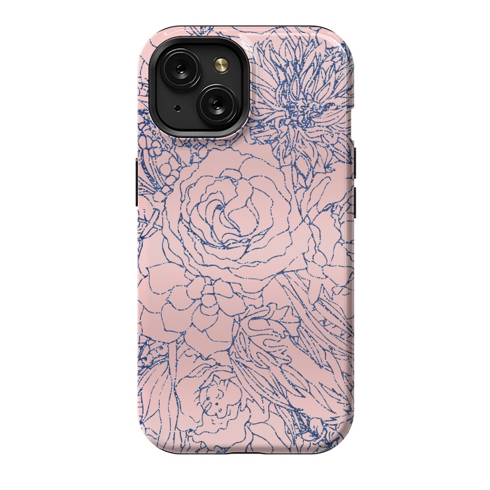 iPhone 15 StrongFit Stylish Metallic Navy Blue and Pink Floral Design by InovArts