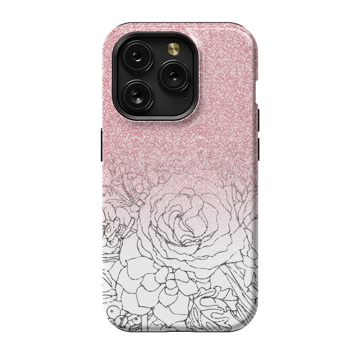 iPhone 15 Pro StrongFit Elegant Floral Doodles Pink Gradient Glitter Image by InovArts