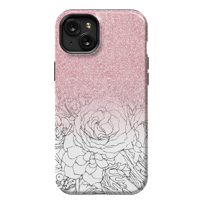 iPhone 15 Plus StrongFit Elegant Floral Doodles Pink Gradient Glitter Image by InovArts
