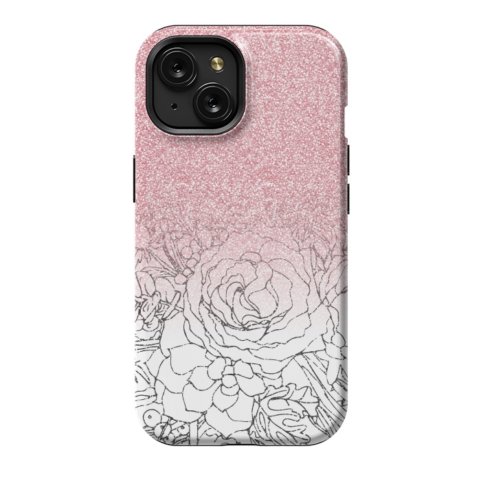 iPhone 15 StrongFit Elegant Floral Doodles Pink Gradient Glitter Image by InovArts