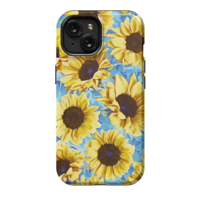 iPhone 15 StrongFit Dreamy Sunflowers on Blue by Micklyn Le Feuvre