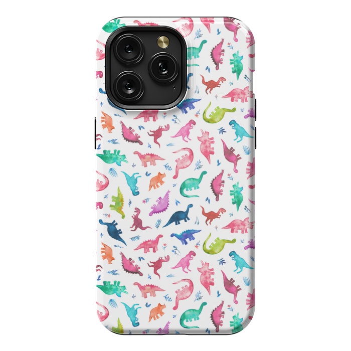 iPhone 15 Pro Max StrongFit Tiny Ditsy Watercolor Dinosaurs in Rainbow Colors by Micklyn Le Feuvre