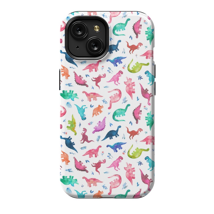 iPhone 15 StrongFit Tiny Ditsy Watercolor Dinosaurs in Rainbow Colors by Micklyn Le Feuvre