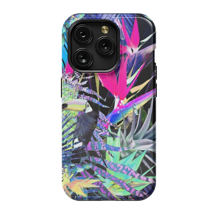 iPhone 15 Pro StrongFit Colorful neon toucan and strelitzia jungle pattern by Oana 