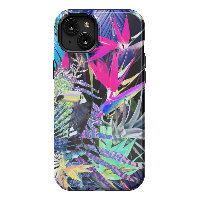 iPhone 15 Plus StrongFit Colorful neon toucan and strelitzia jungle pattern by Oana 