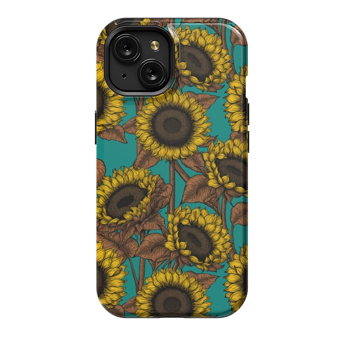 iPhone 15 StrongFit Sunflowers on turquoise by Katerina Kirilova