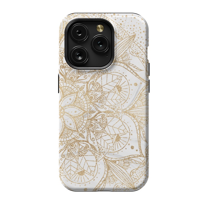 iPhone 15 Pro StrongFit Trendy Gold Floral Mandala Marble Design by InovArts