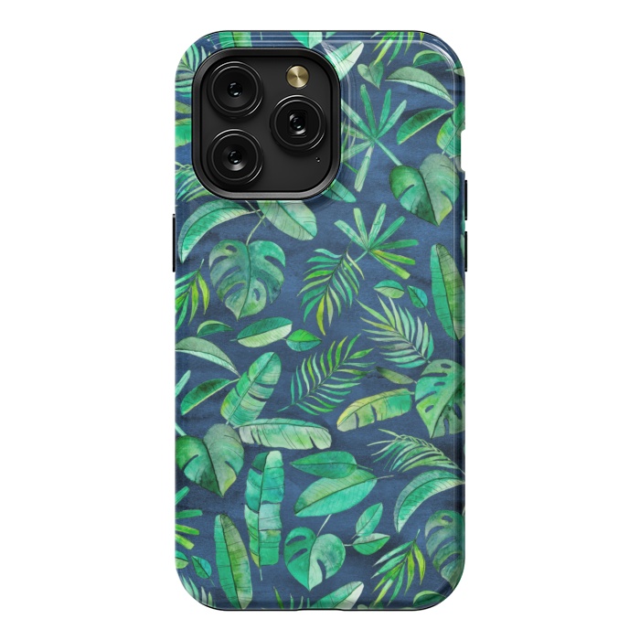 iPhone 15 Pro Max StrongFit Emerald Tropical Leaf Scatter on textured Navy Blue by Micklyn Le Feuvre