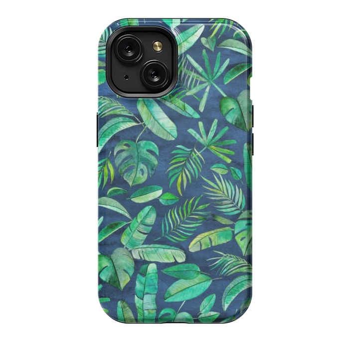 iPhone 15 StrongFit Emerald Tropical Leaf Scatter on textured Navy Blue by Micklyn Le Feuvre