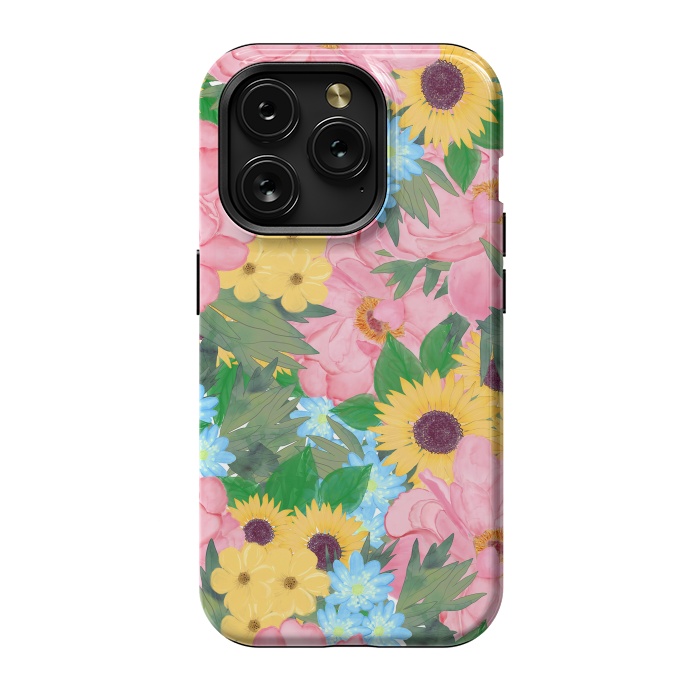 iPhone 15 Pro StrongFit Trendy Pink Peonies Yellow Sunflowers Watercolor paint by InovArts