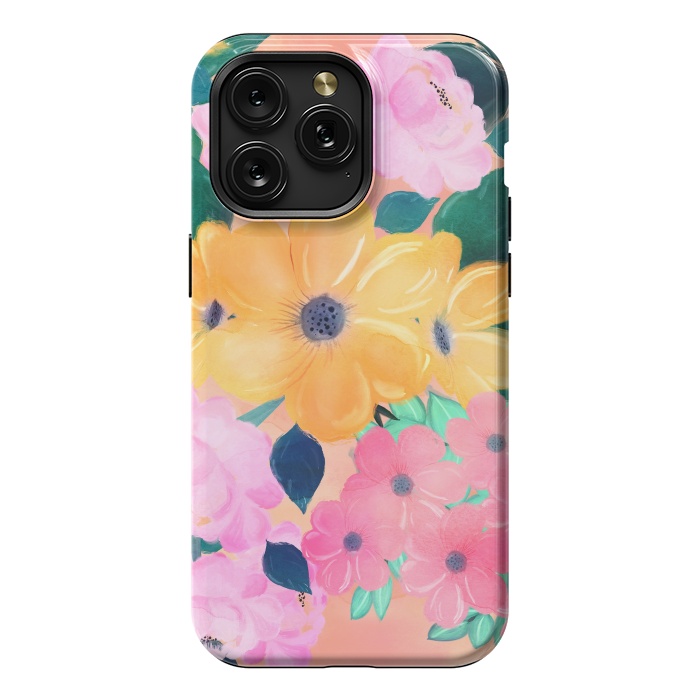 iPhone 15 Pro Max StrongFit Trendy Pink Peonies Yellow Sunflowers Watercolor paint by InovArts