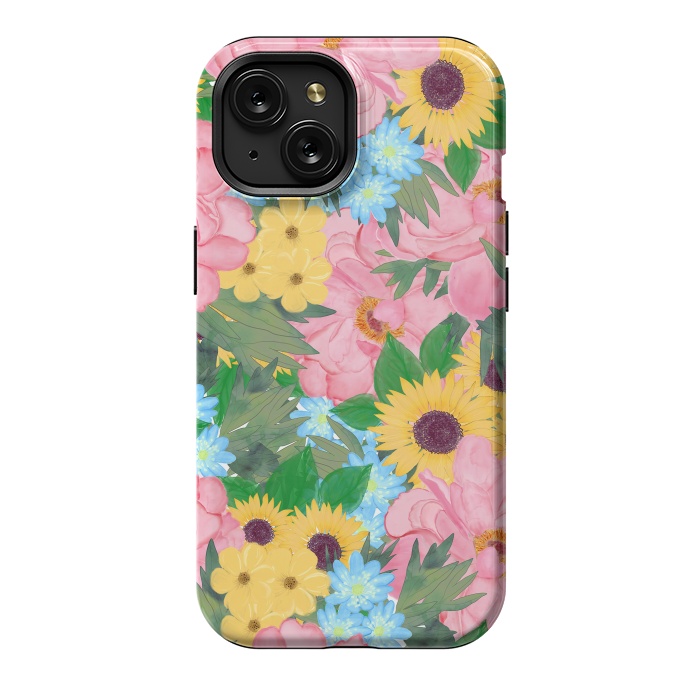 iPhone 15 StrongFit Trendy Pink Peonies Yellow Sunflowers Watercolor paint by InovArts