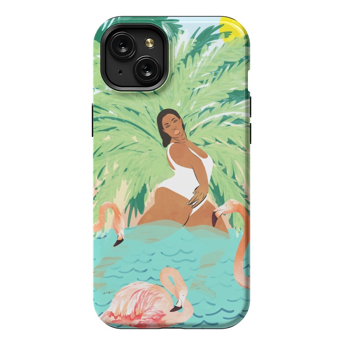 iPhone 15 Plus StrongFit Tropical Summer Water Yoga with Palm & Flamingos | Woman of Color Black Woman Body Positivity by Uma Prabhakar Gokhale