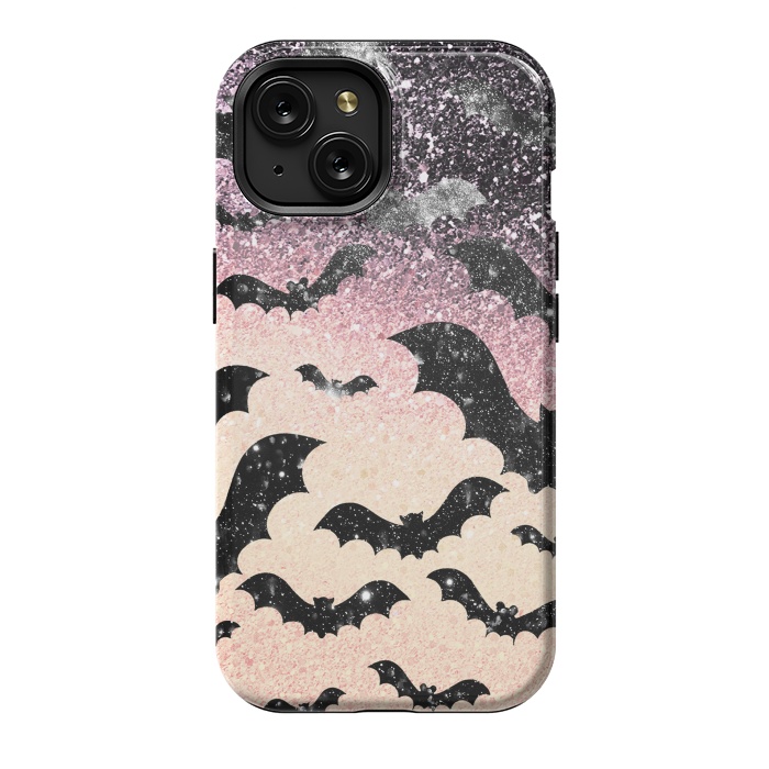 iPhone 15 StrongFit Bats in glitter starry night - Halloween by Oana 