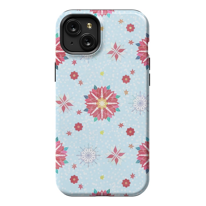 iPhone 15 Plus StrongFit Trendy Winter Red Poinsettias White Snowflakes Pattern by InovArts