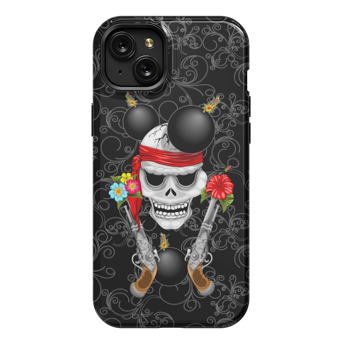 iPhone 15 Plus StrongFit Pirate Skull, Ancient Guns, Flowers and Cannonballs by BluedarkArt