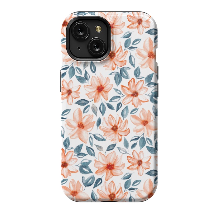 iPhone 15 StrongFit Orange & Navy Watercolor Floral  by Tigatiga